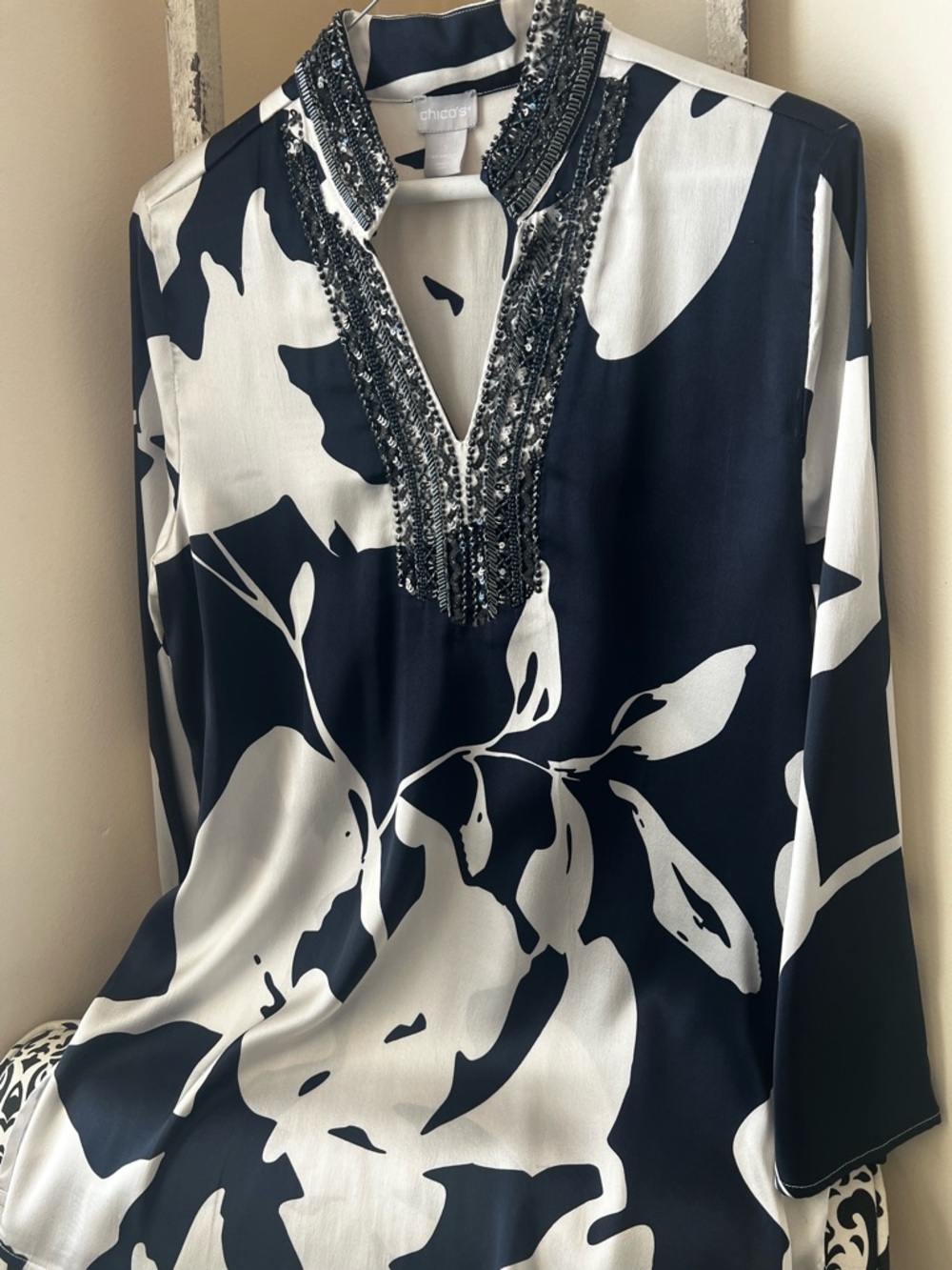 Chico's Navy and White Beaded V-Neck Floral Tunic